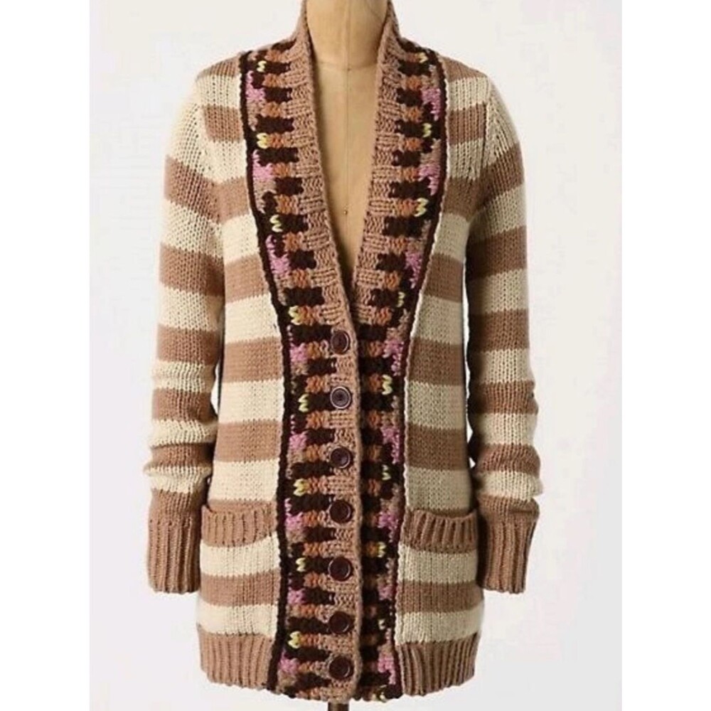 Anthropologie Womens sparrow Brown Cream Striped Knit Cardigan Floral Boho SZ S
